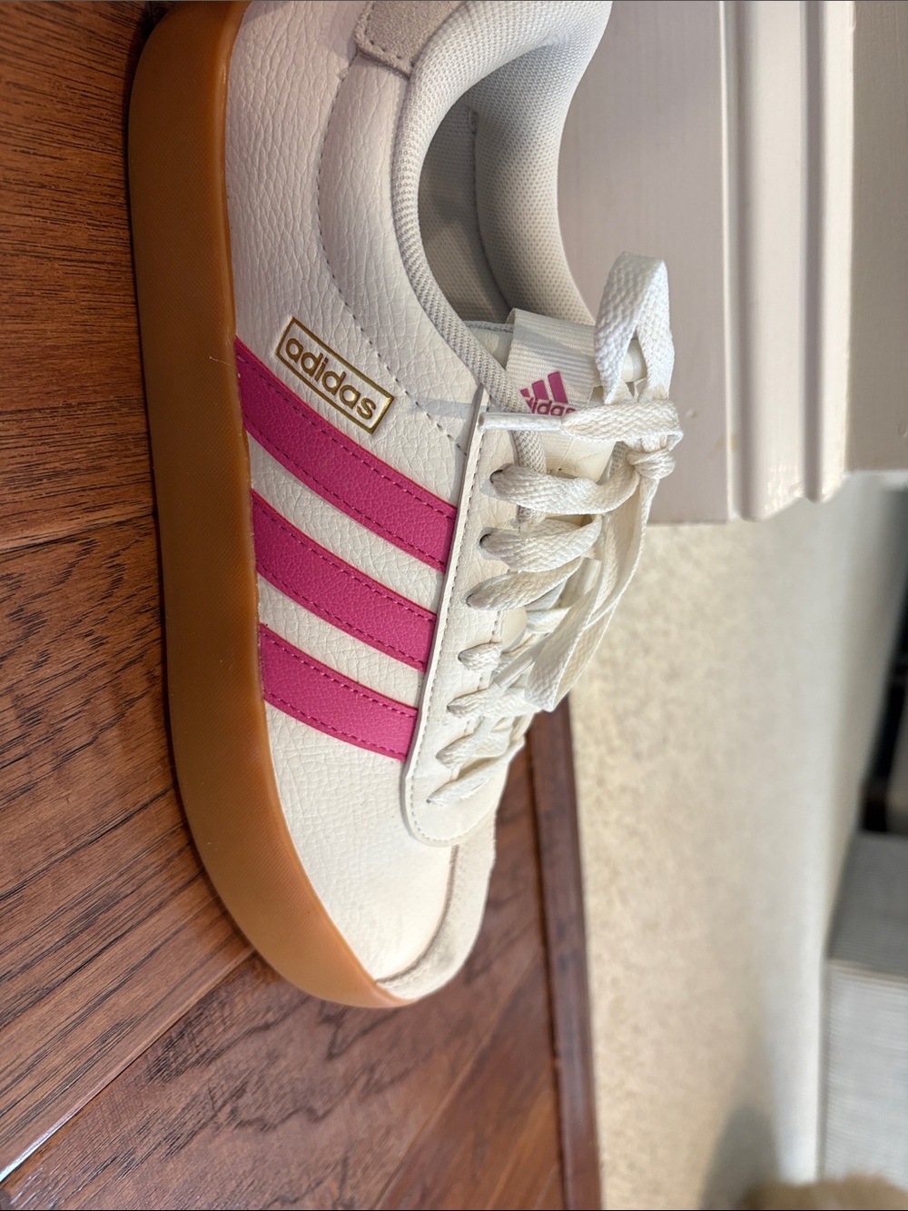 adidas Women’s White Sneakers with Pink Stripes and Gum Sole - Picture 4 of 5